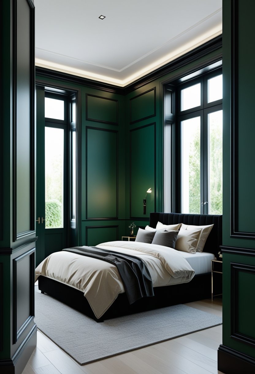 10 Green Bedroom Ideas for a Fresh and Sustainable Space 11 A bedroom with deep green walls and black trim, featuring a bed and minimalist furniture in natural light.