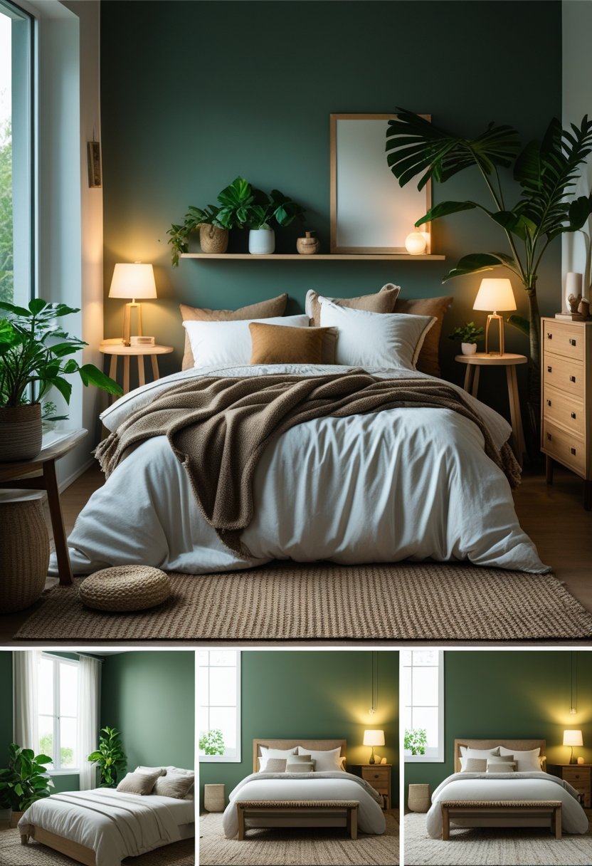 8 Green Bedroom Walls Ideas for a Fresh and Stylish Makeover 8 A cozy bedroom with forest green walls, a bed with white and earth-toned bedding, wooden furniture, plants, and soft lighting.