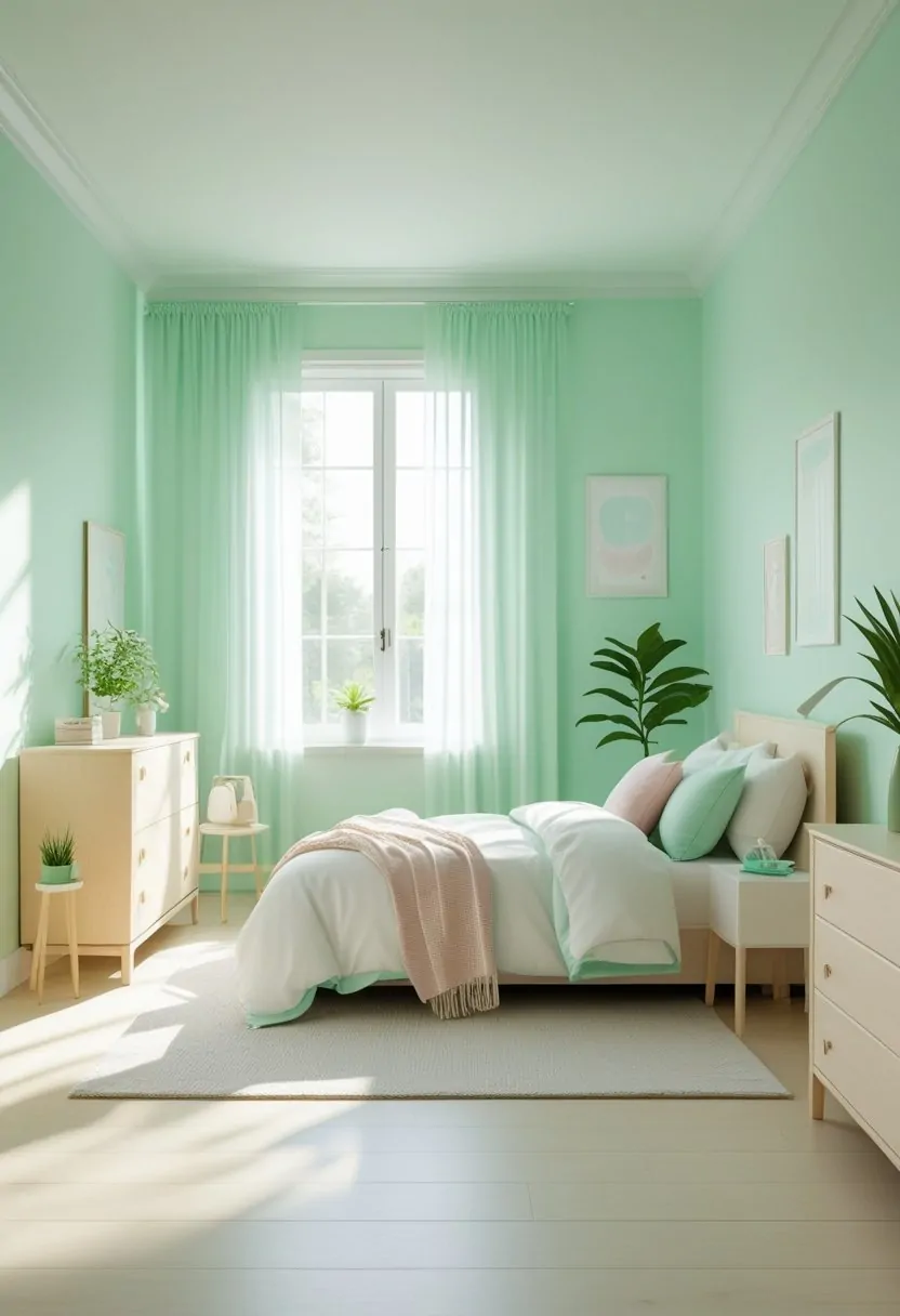8 Green Bedroom Walls Ideas for a Fresh and Stylish Makeover 9 A bedroom with mint green walls, a neatly made bed, wooden furniture, and natural sunlight coming through large windows.