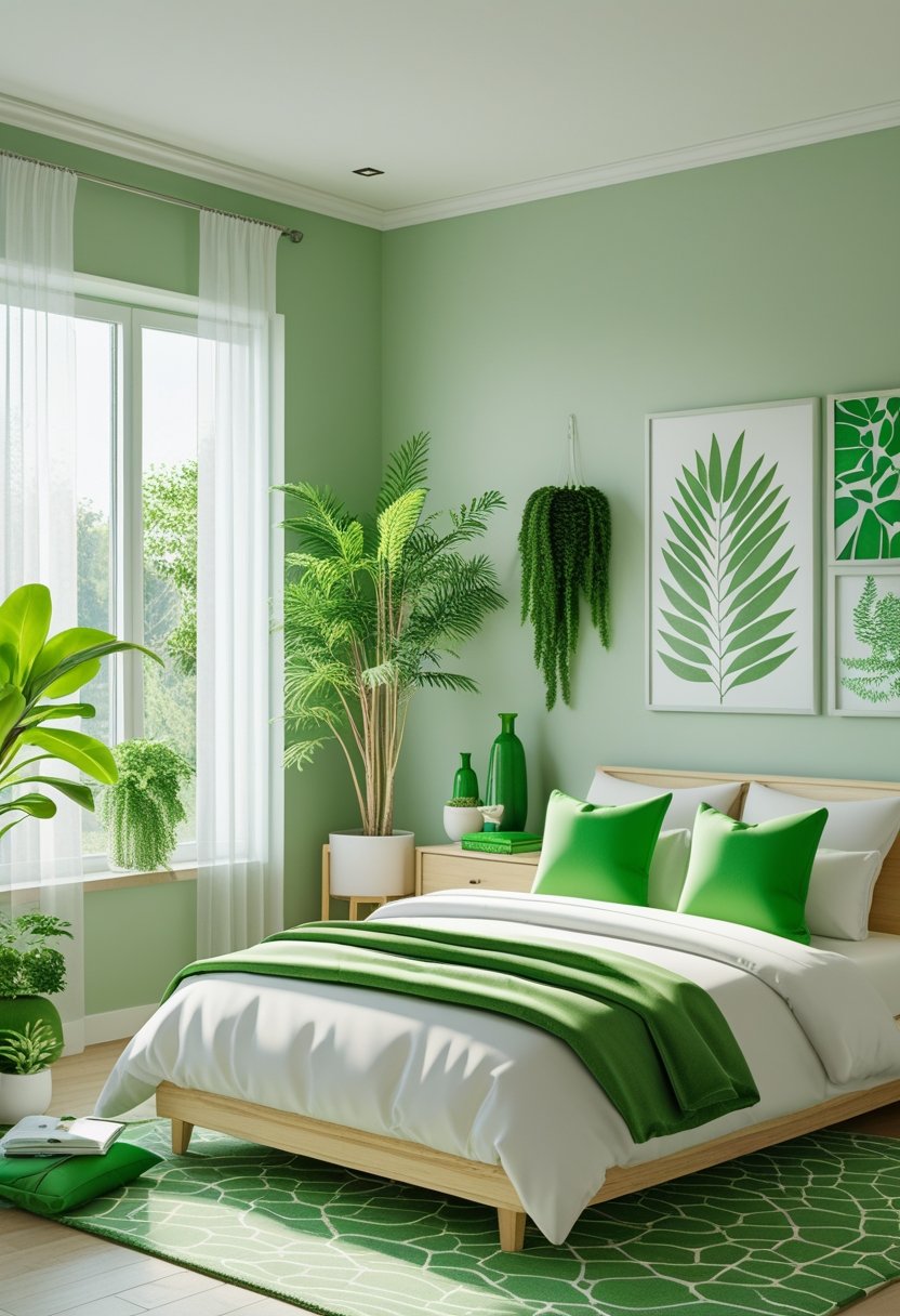 10 Green Bedroom Ideas for a Fresh and Sustainable Space 12 A bright bedroom with green walls, indoor plants, green pillows on the bed, wooden furniture, and natural light coming through large windows.
