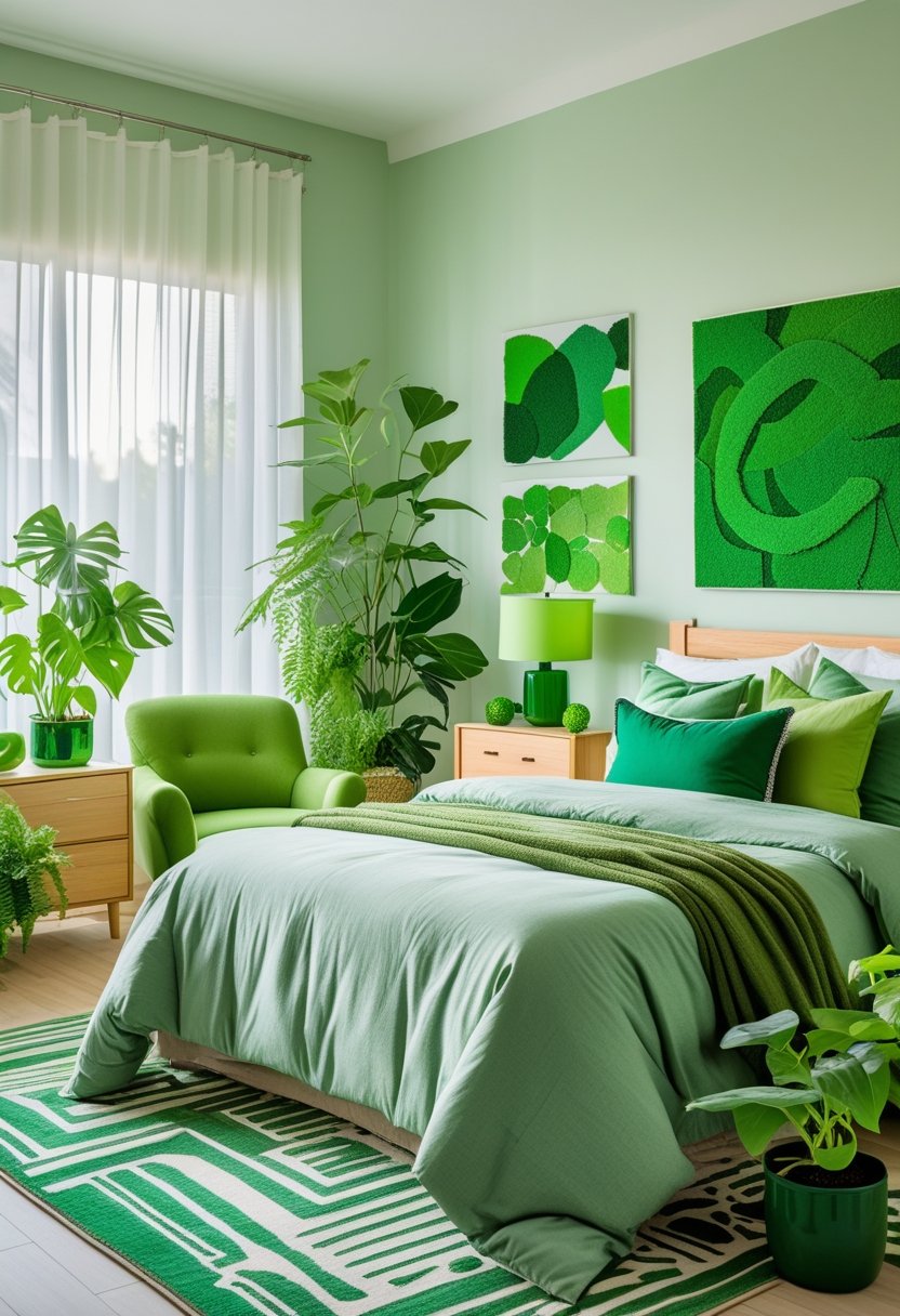 10 Green Bedroom Ideas for a Fresh and Sustainable Space 14 A bedroom with green bedding, plants, wooden furniture, and natural light creating a calm and inviting atmosphere.