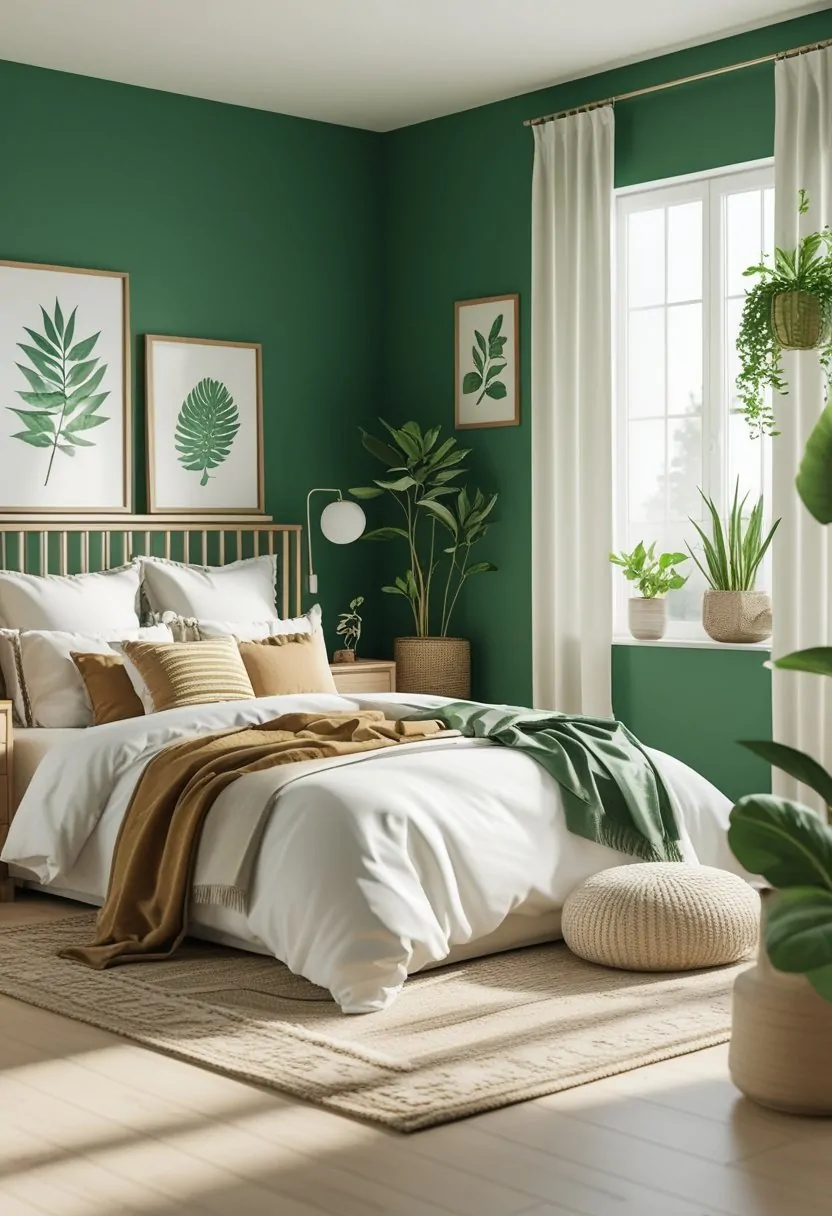 8 Green Bedroom Walls Ideas for a Fresh and Stylish Makeover 11 A bedroom with green walls, a bed with white linens, wooden nightstands, indoor plants, and natural light coming through large windows.