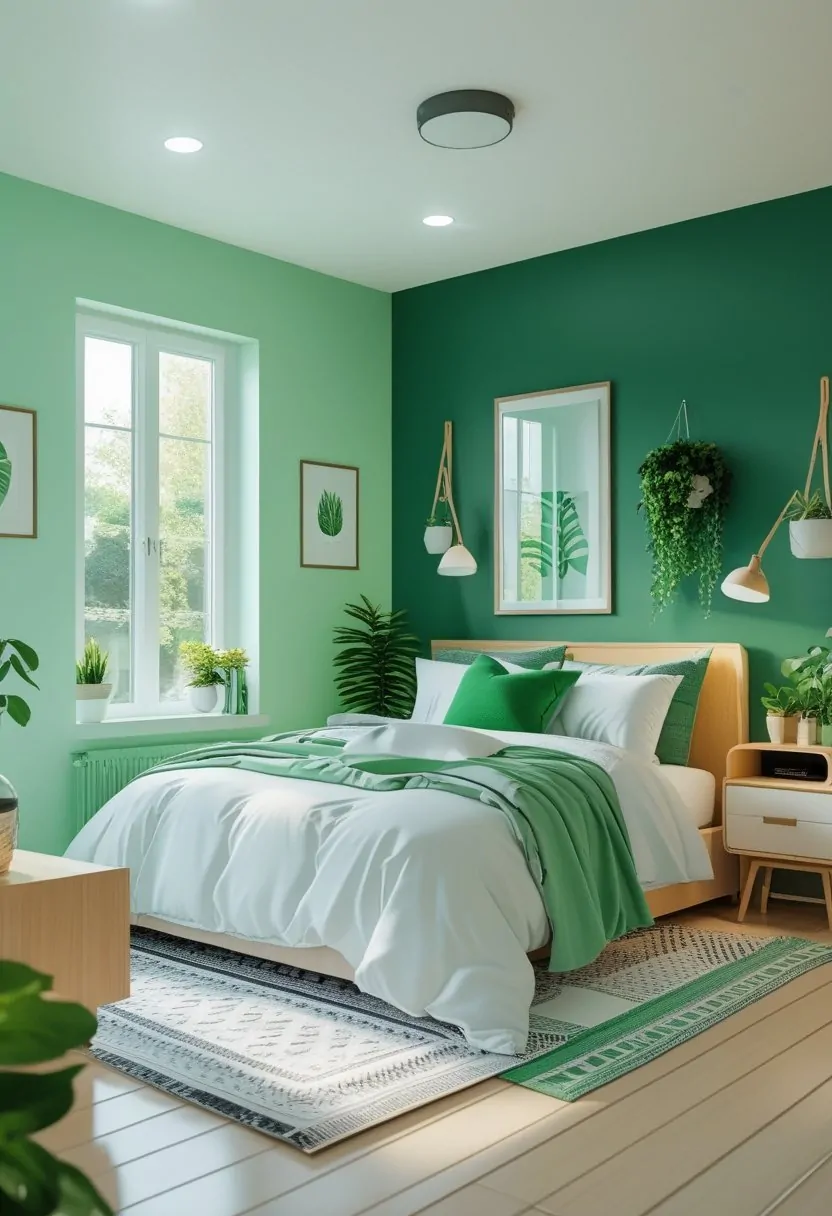8 Green Bedroom Walls Ideas for a Fresh and Stylish Makeover 12 A bedroom with eight different green painted walls, featuring a bed, nightstands, plants, and natural light.