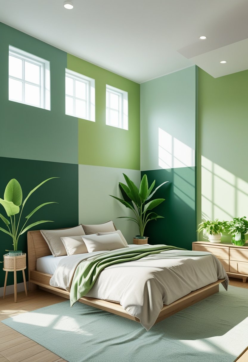 7 Green Bedroom Paint Ideas for a Calm and Refreshing Space 9 A modern bedroom with seven different green painted wall sections, a bed, wooden furniture, and plants illuminated by natural light.