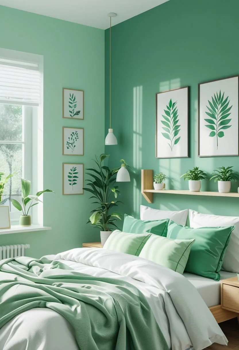 7 Green Bedroom Paint Ideas for a Calm and Refreshing Space 10 A bedroom with walls painted in different shades of green, featuring a bed, plants, and natural light.