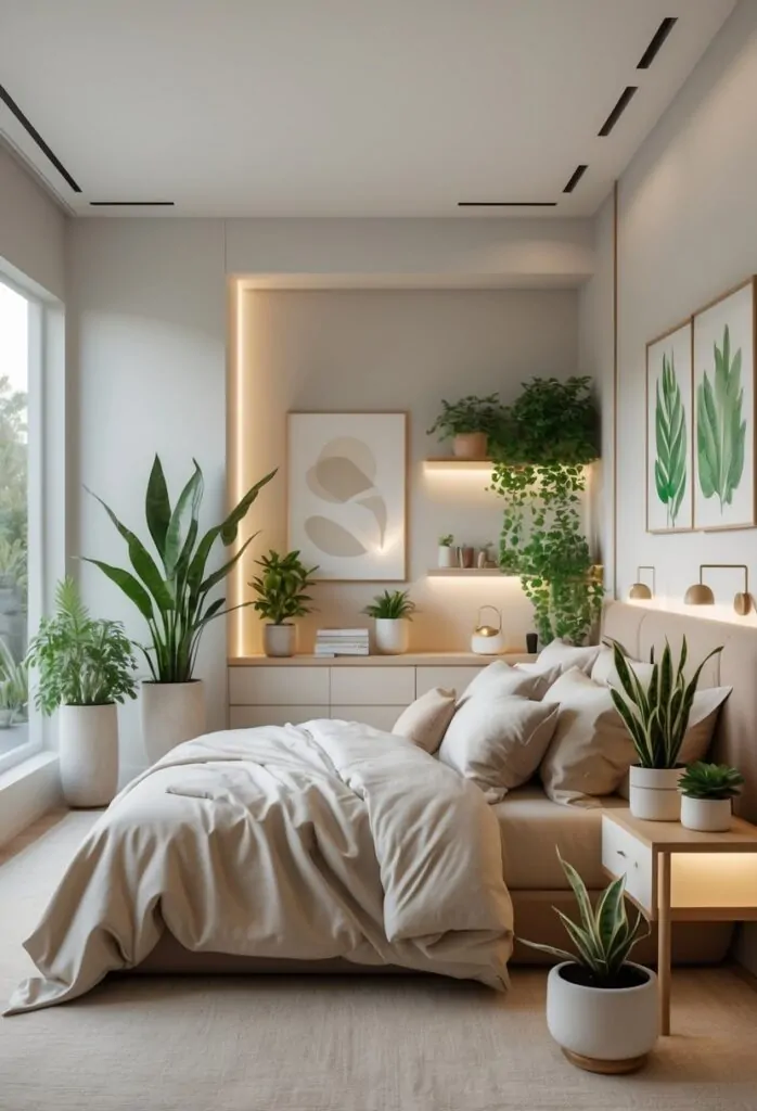 A cozy and well-lit bedroom with a large bed and several indoor plants placed around the room.