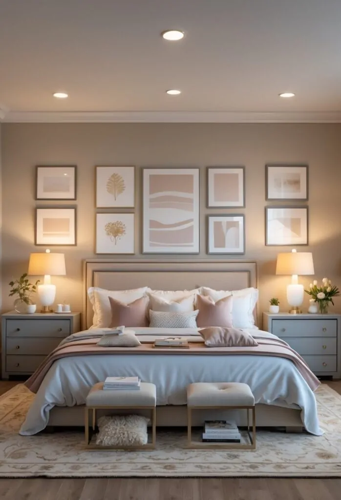 A master bedroom with a large bed and two matching nightstands, each holding a lamp and decorative items, creating a balanced and cozy atmosphere.