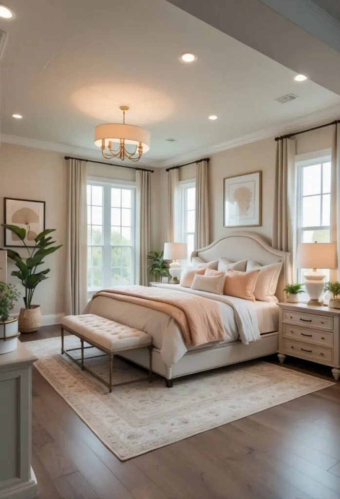 A spacious bedroom with a large bed, bedside tables, lamps, artwork, and plants, designed for a couple.