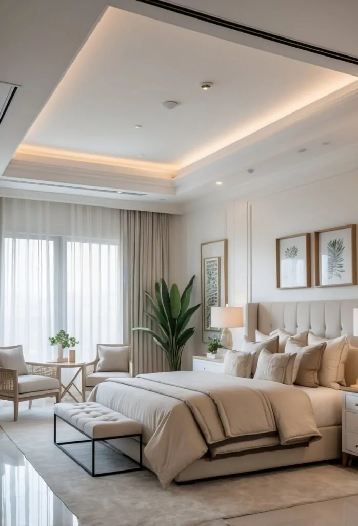 A spacious bedroom with a large bed, two armchairs, bedside tables, and natural light coming through windows.