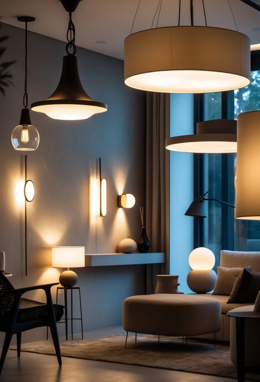 An interior space with various lighting fixtures casting different lighting effects on walls and furniture.