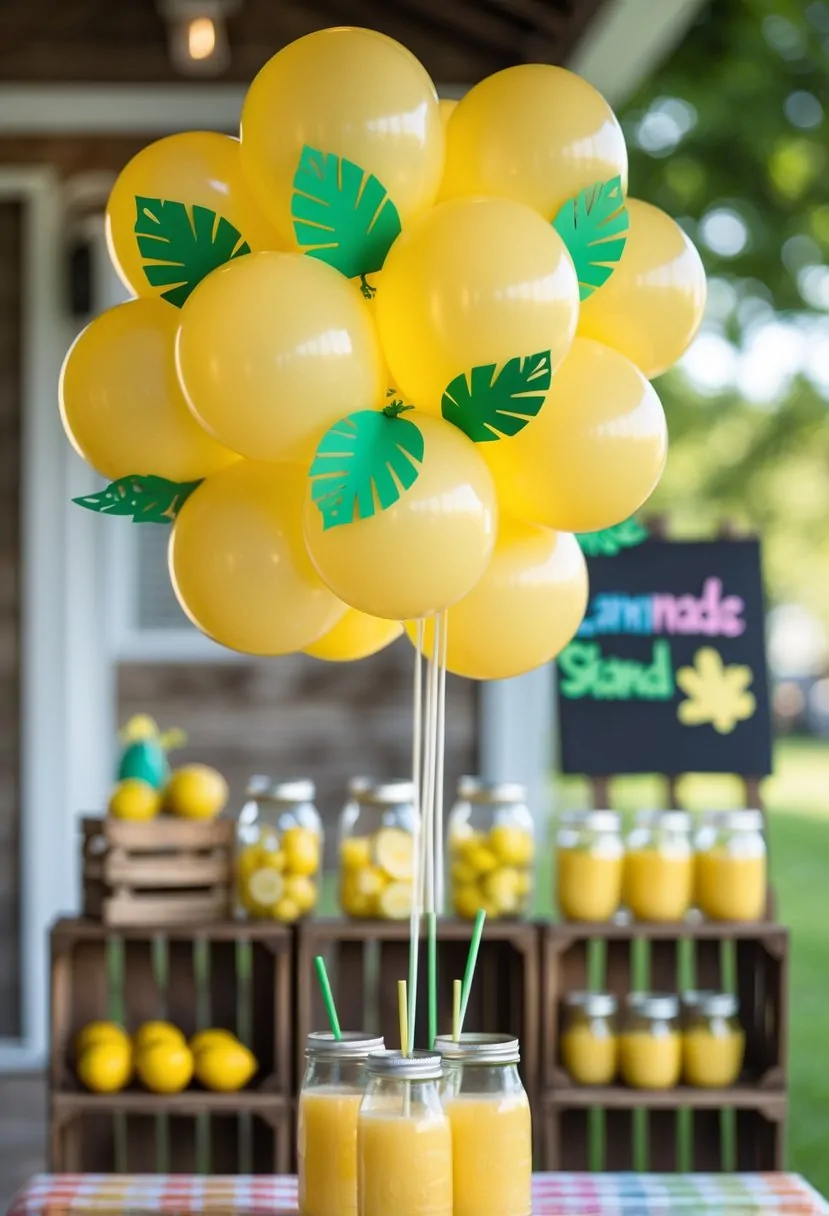 5 Lemonade Stand Ideas to Boost Sales and Attract Customers Quickly 3 Yellow balloons with green leaf decorations arranged above a lemonade stand with lemons and jars outdoors.