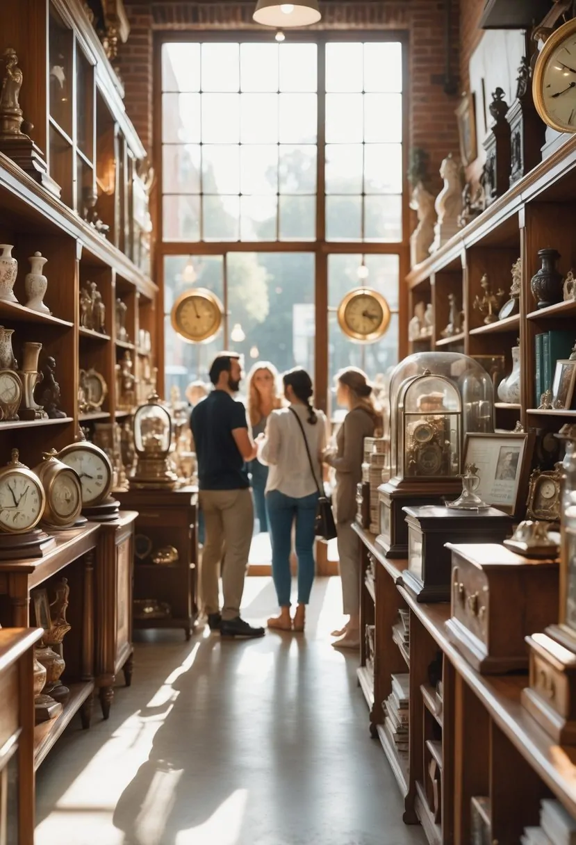 Shoppers browsing antiques in a well-lit store with shelves of vintage items and a store assistant helping a customer.