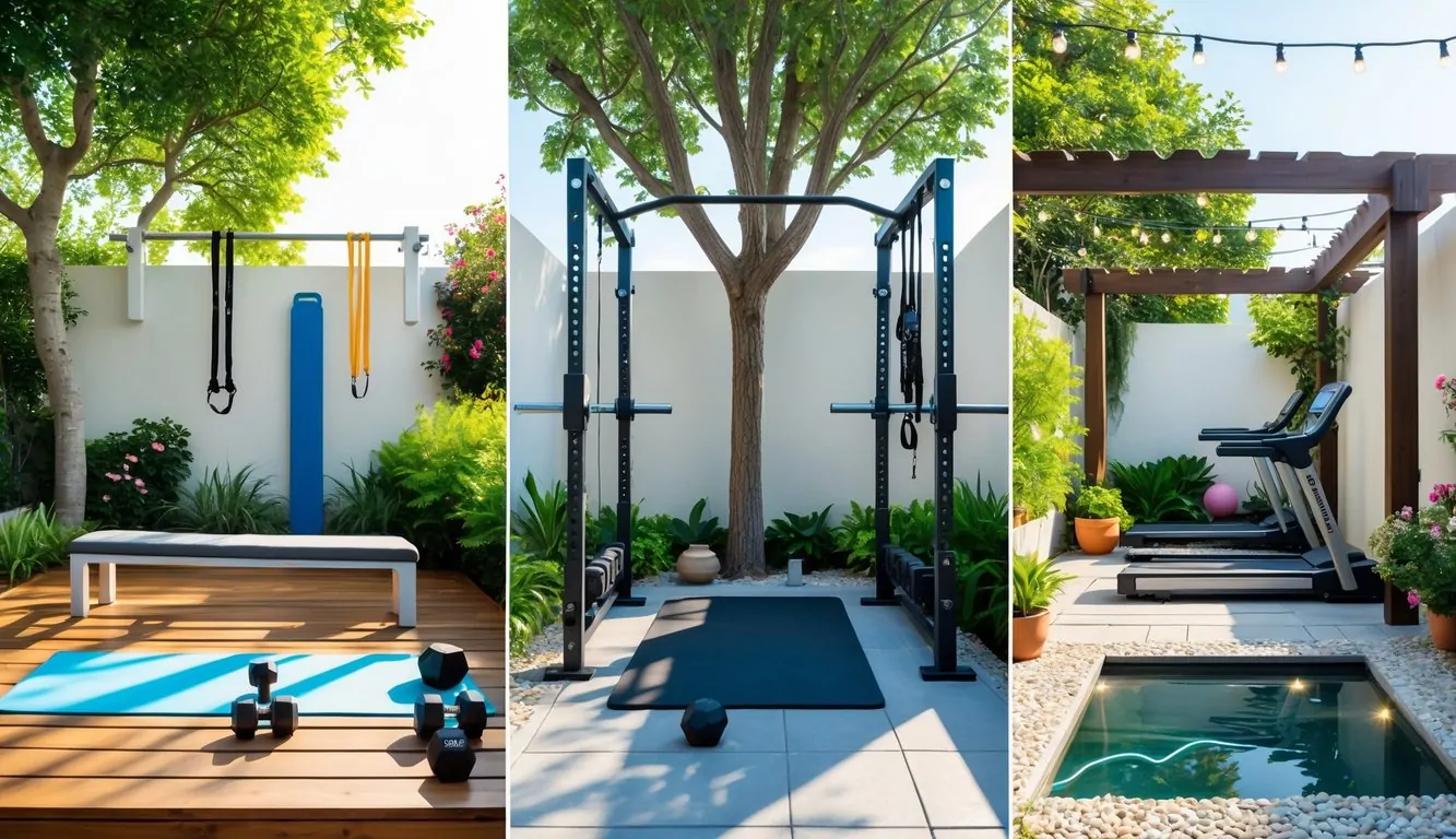 Five different outdoor home gym setups in a backyard, including weights, pull-up bars, a squat rack, jump rope, and cardio machines surrounded by plants and natural elements.