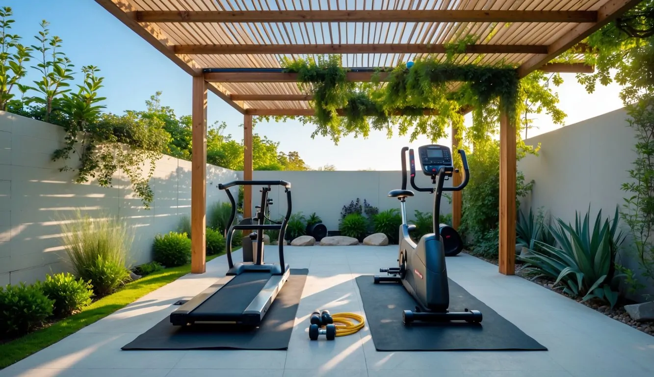 An outdoor home gym area under a wooden pergola with exercise equipment and greenery around.