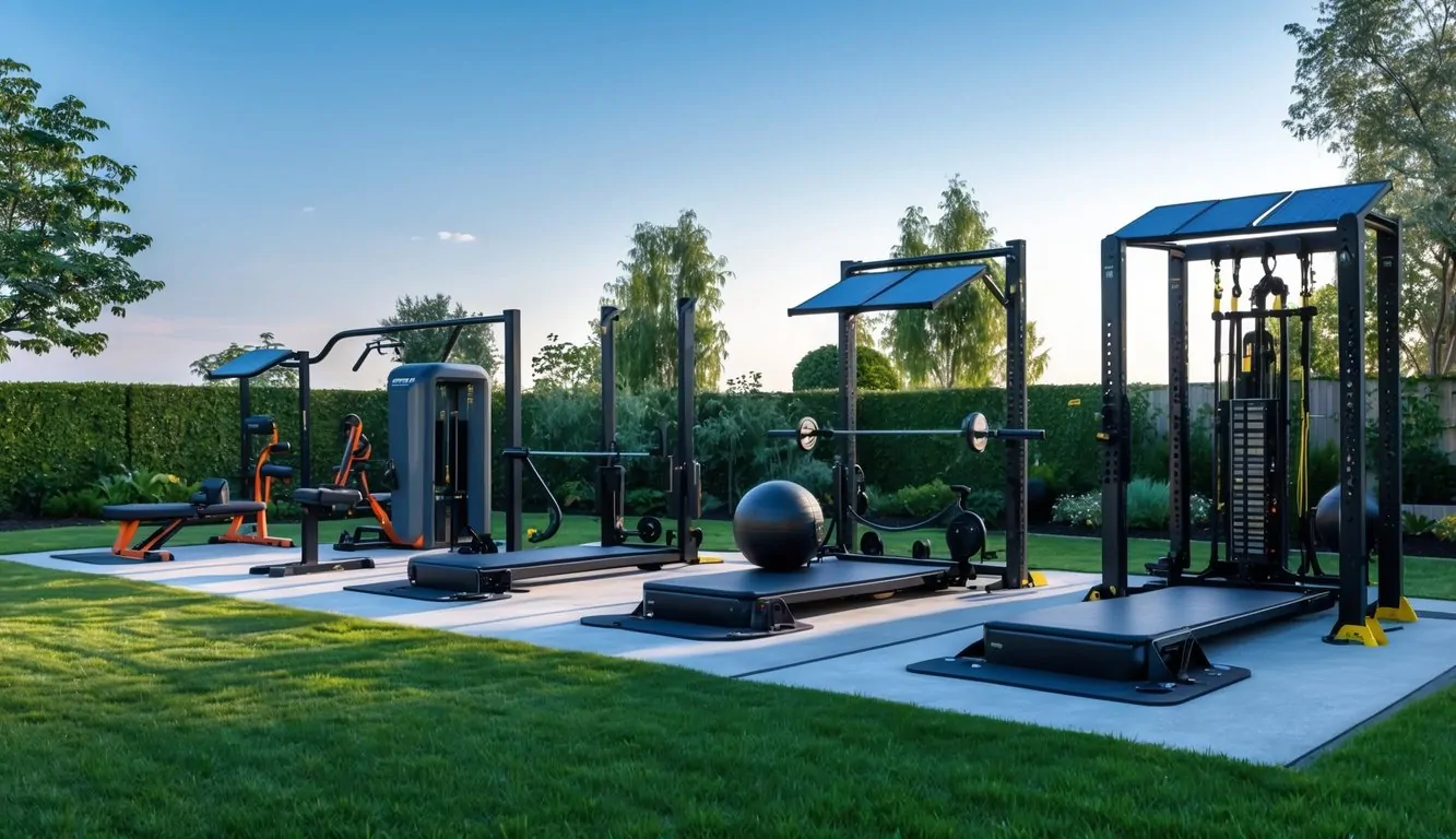 Outdoor home gym with five different workout stations and solar-powered lights in a green backyard.