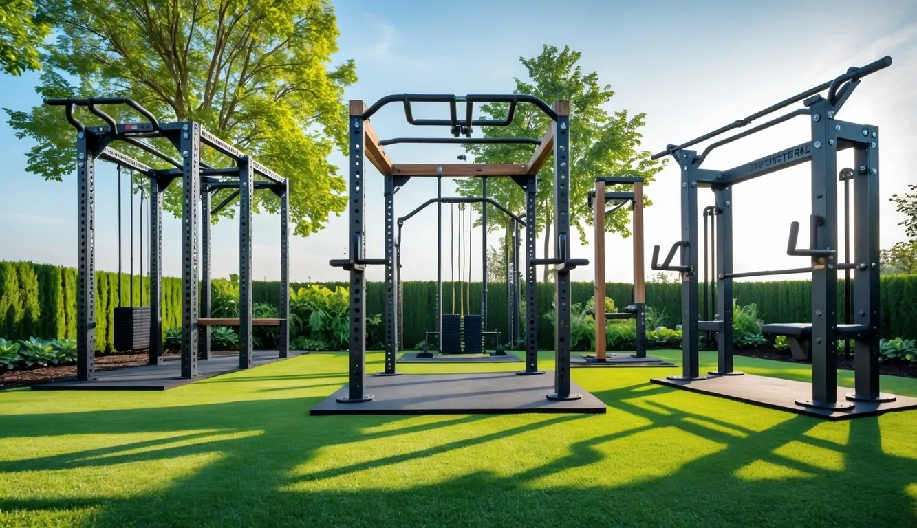 Five different outdoor home gym stations with pull-up bars and dip stations arranged in a backyard.