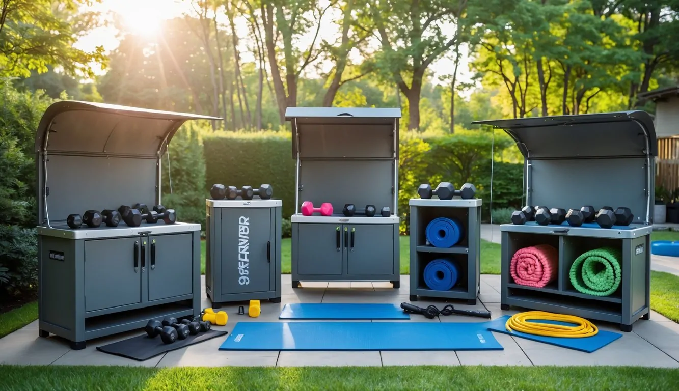 Five outdoor home gym setups with weather-resistant storage units holding various fitness equipment in green backyard settings.