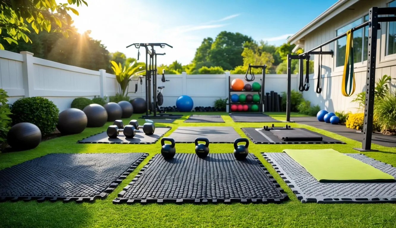 Five outdoor home gym setups with rubber flooring mats and various workout equipment in a sunny backyard.