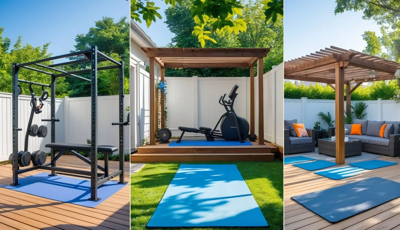Five different outdoor home gym areas in a backyard with various fitness equipment and greenery.