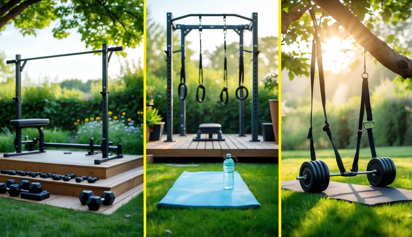Five different outdoor home gym setups arranged in a green backyard with workout equipment like kettlebells, a pull-up bar, yoga mat, suspension trainer, and weight bench surrounded by trees and plants.