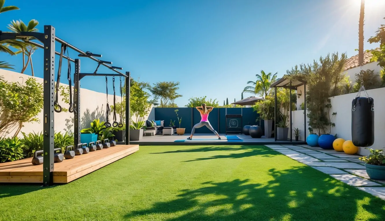 A backyard with five different outdoor workout areas including pull-up bars, weights, yoga mat, treadmill, and punching bag, with people exercising in a sunny garden.