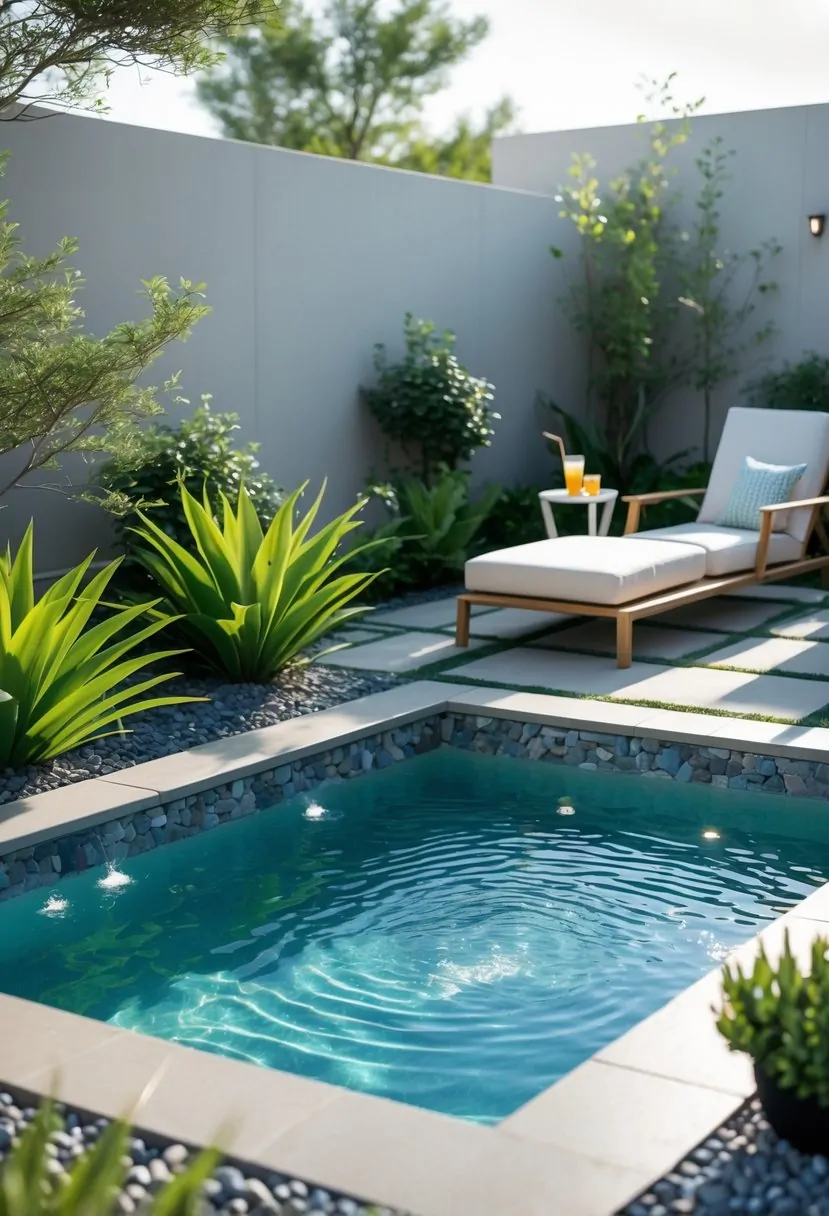 A small rectangular pool with clear blue water surrounded by stone tiles, green plants, and lounge chairs in a backyard.