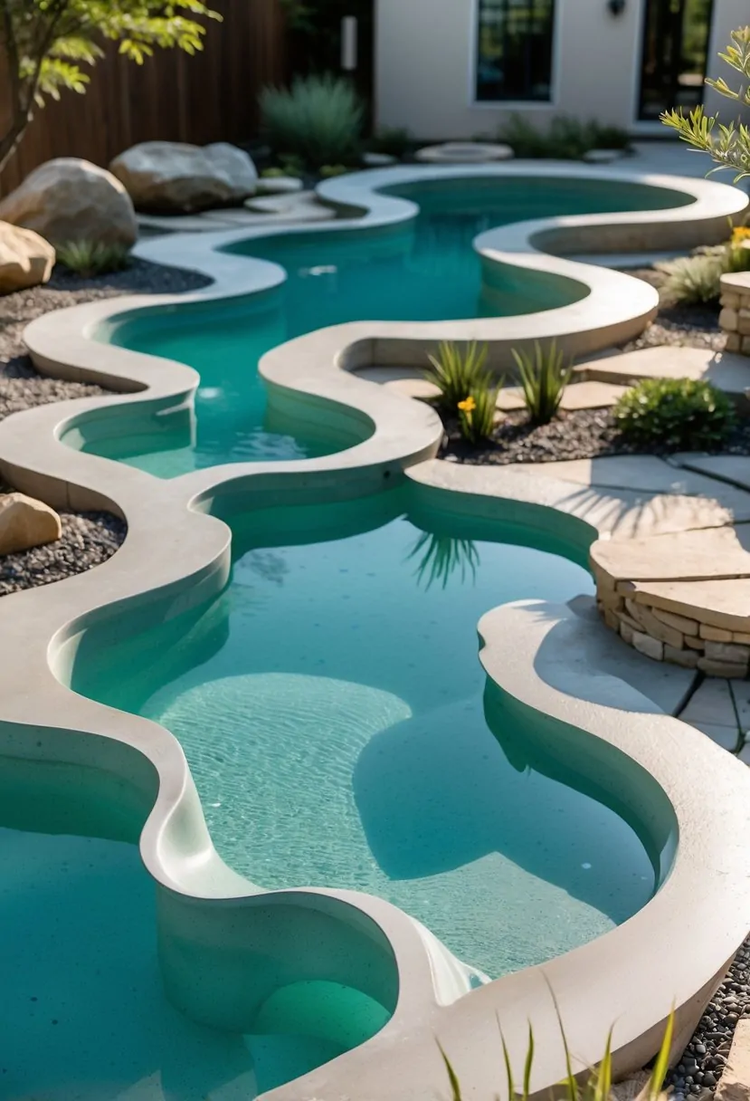 Outdoor scene with custom-shaped mini pools featuring smooth, artistic contours surrounded by greenery and natural stone decking.