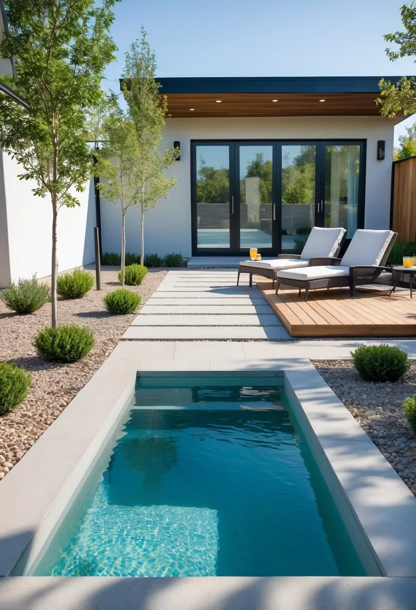 A small rectangular inground plunge pool in a backyard with stone tiles, greenery, and lounge chairs nearby.
