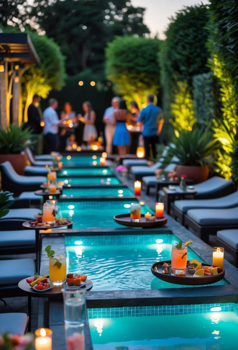 Outdoor scene with several small cocktail pools surrounded by people socializing and enjoying drinks.