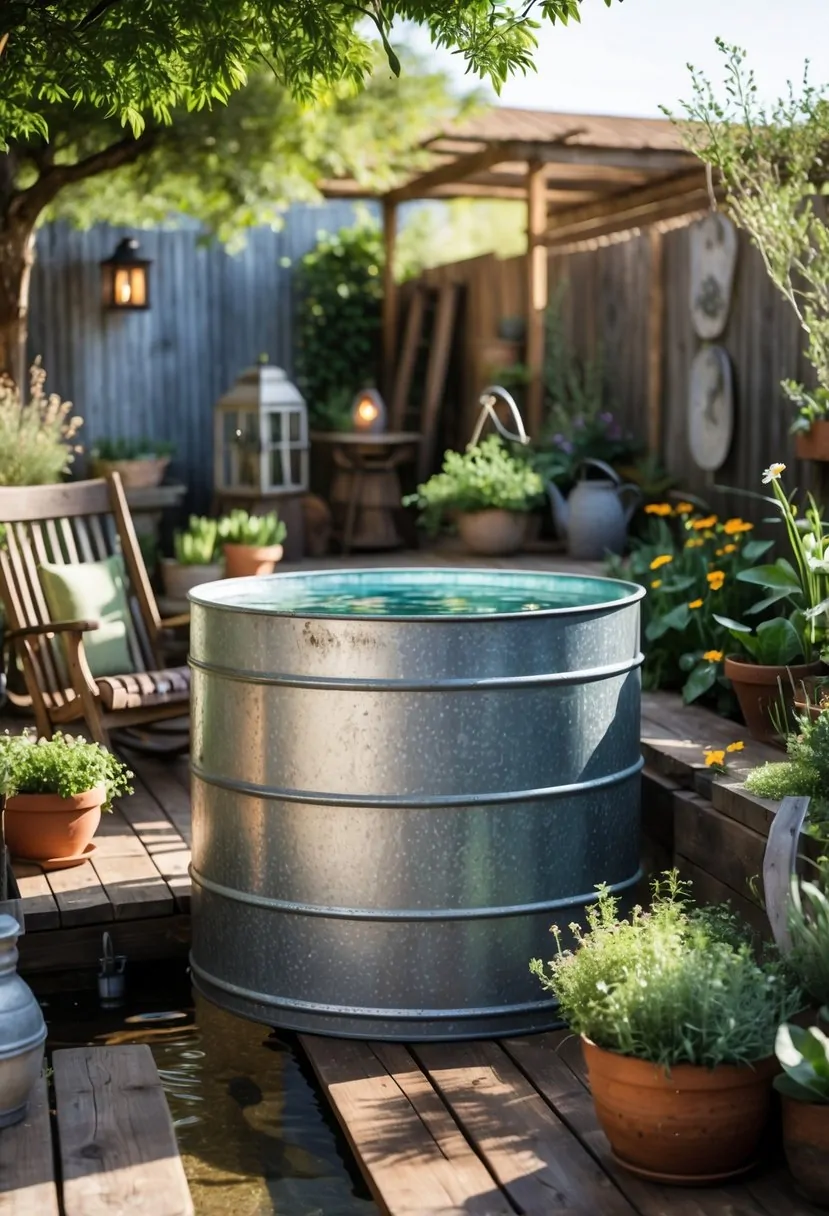 A small metal stock tank pool filled with water set outdoors surrounded by wooden furniture, plants, and garden decorations.