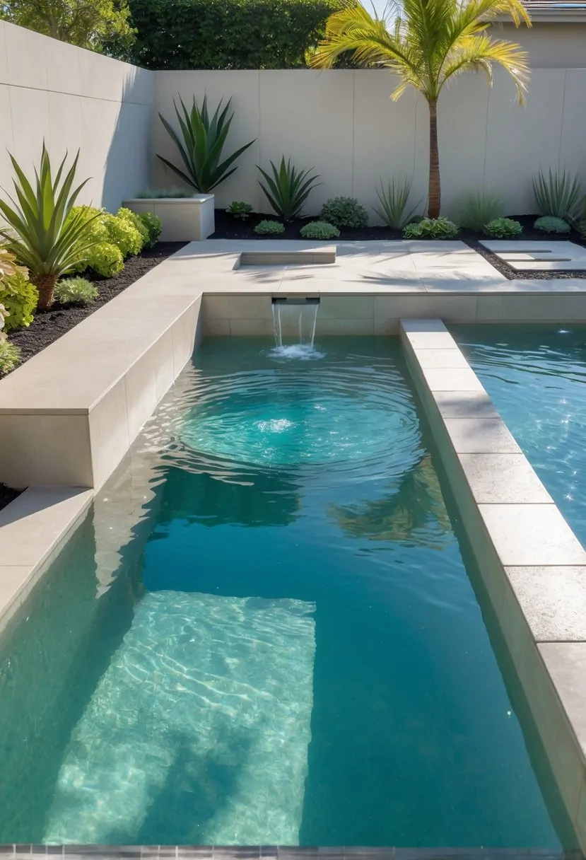 Outdoor pool area with a sunken hot tub integrated into a larger swimming pool surrounded by stone tiles and tropical plants.