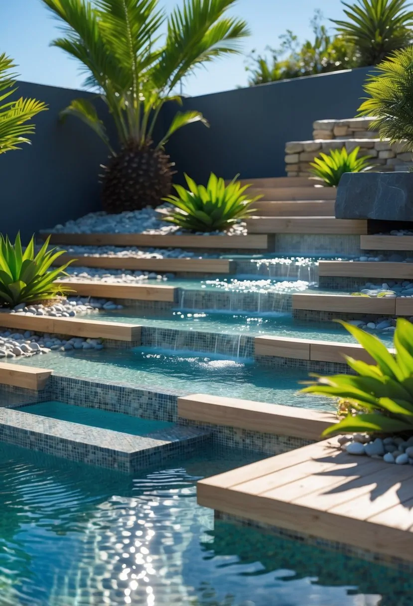 Outdoor scene with multiple small tiered pools surrounded by stone, plants, and wooden decking under a clear sky.
