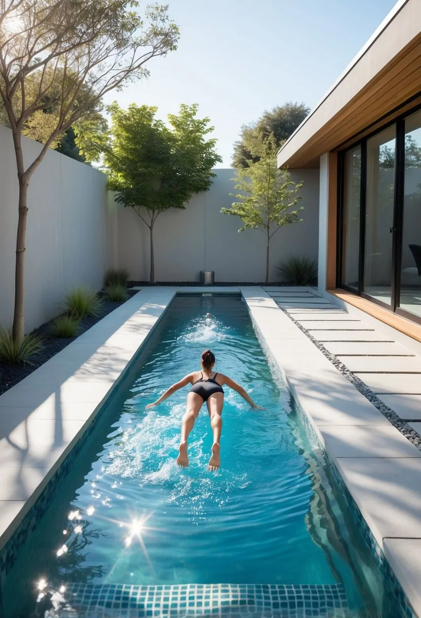 A narrow outdoor lap pool with clear blue water in a backyard, with a person swimming laps surrounded by plants and modern architecture.