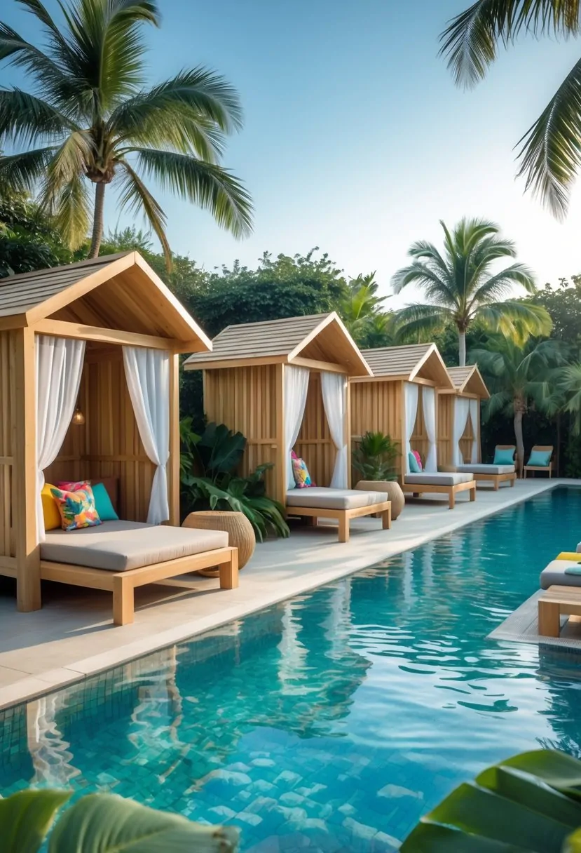 Several small pool houses designed as cabanas around a clear swimming pool surrounded by tropical plants and lounge chairs.