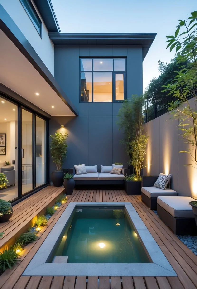 Outdoor patio with a small mini pool surrounded by wooden decking, seating, and plants in a compact garden space.