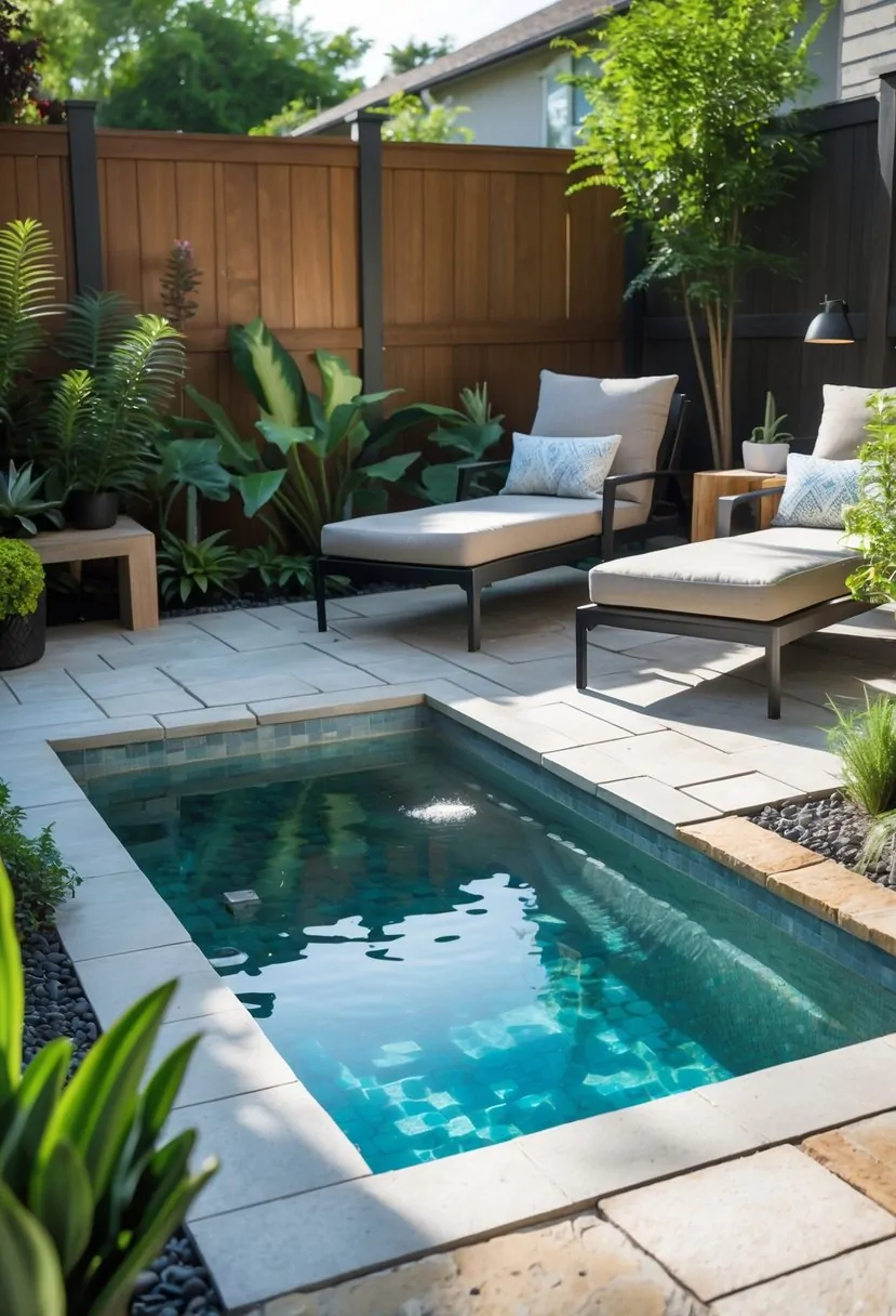 A small rectangular outdoor pool surrounded by stone tiles, green plants, and lounge chairs in a backyard.