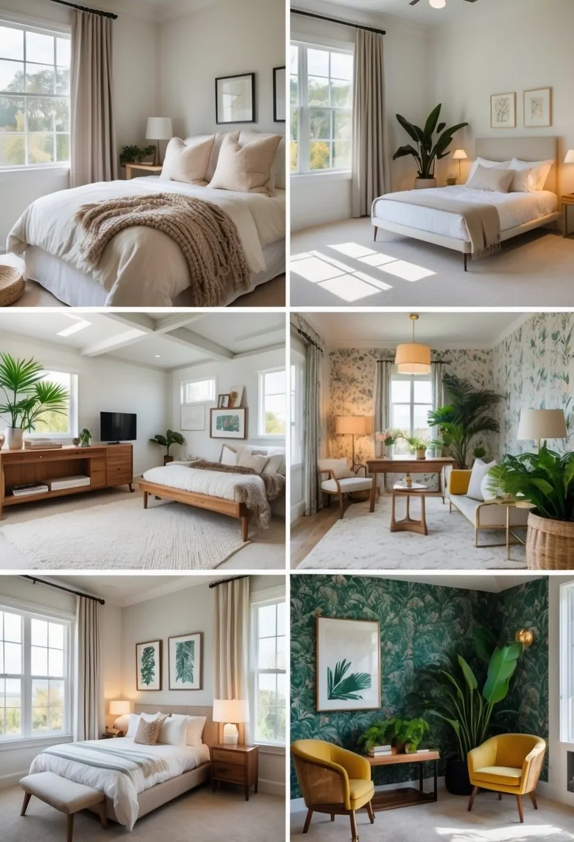 A bright guest bedroom with seven different design setups including cozy bedding, minimalist furniture, rustic wood elements, modern accents, tropical plants, vintage decor, and a small workspace.