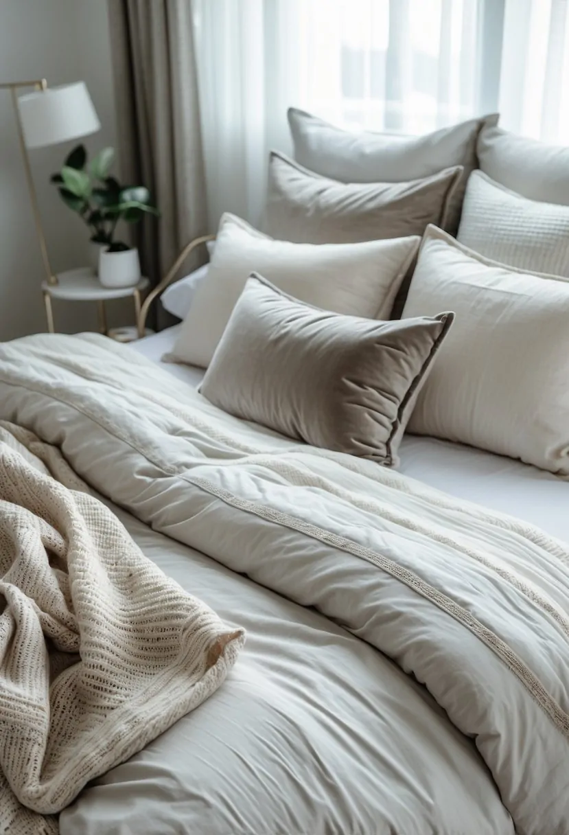 A guest bedroom with a neatly made bed featuring layered bedding and soft pillows, illuminated by natural light.