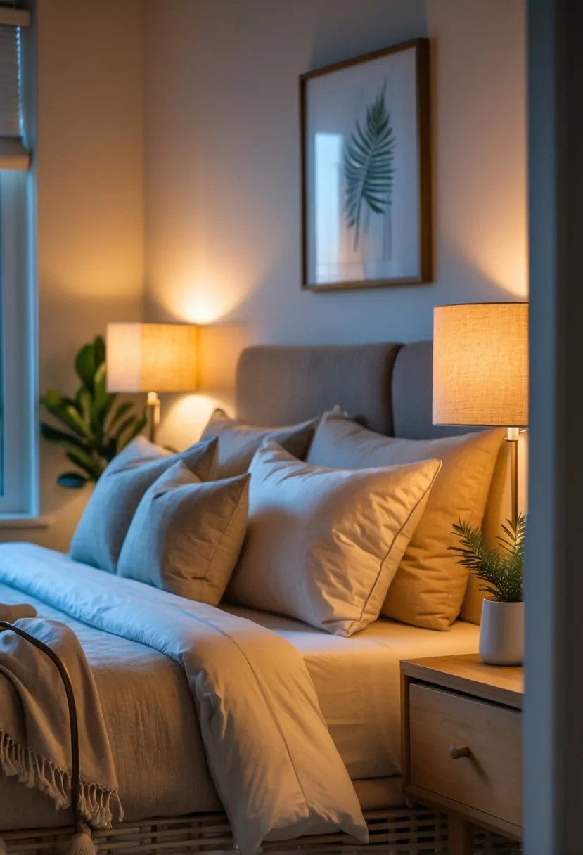 A guest bedroom with a neatly made bed and warm ambient bedside lighting creating a cozy atmosphere.