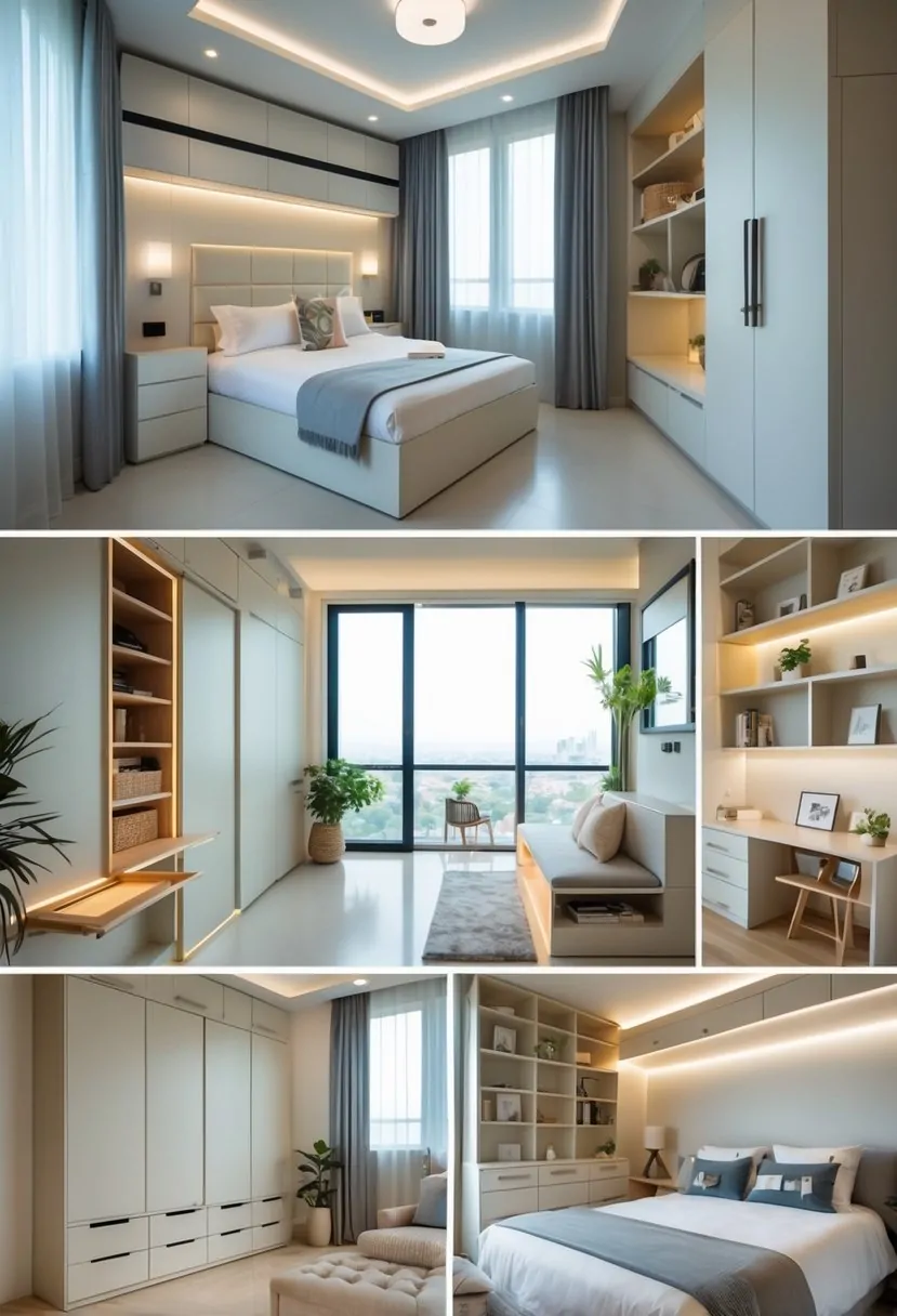 A guest bedroom with a bed, various storage solutions including drawers, shelves, a wardrobe, and a window seat with storage.