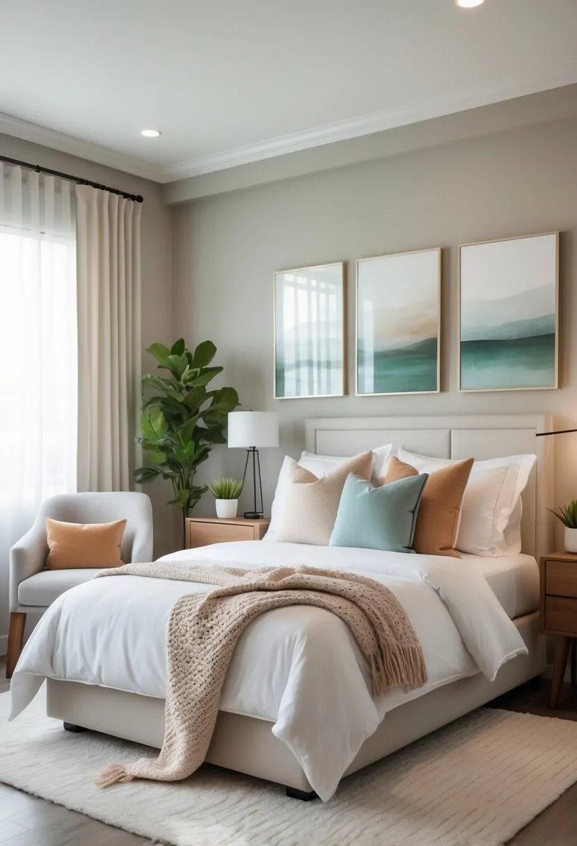 A guest bedroom with a neatly made bed, neutral colored walls, accent pillows, a nightstand with a plant and lamp, a window with sheer curtains, and an armchair in the corner.