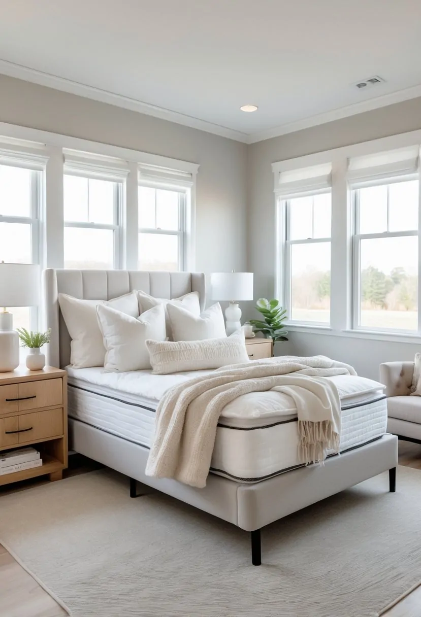 A bright guest bedroom with a comfortable bed made with white linens and several pillows, a nightstand with a lamp, an armchair, and a potted plant near large windows.