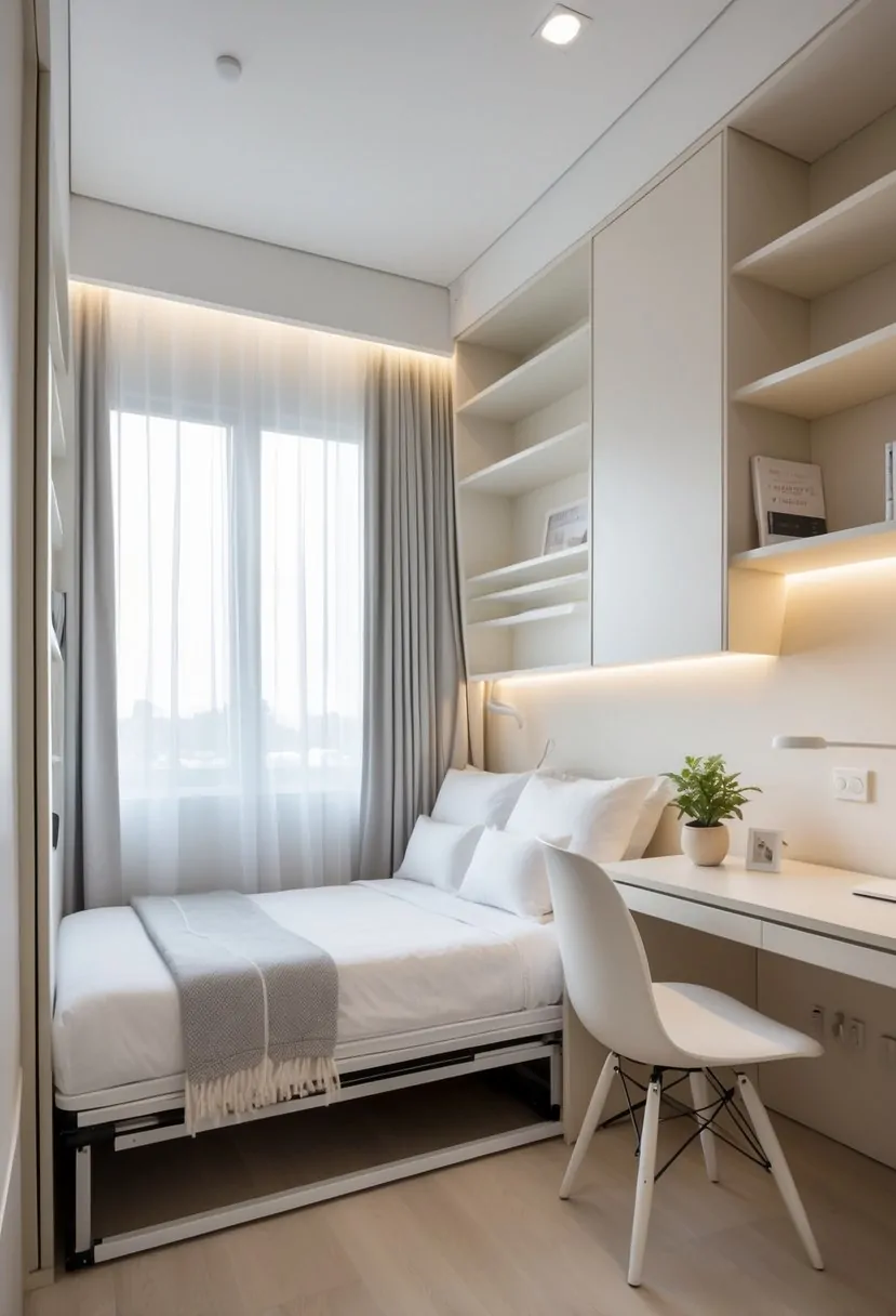 A small guest bedroom with a fold-out bed, wall-mounted desk, built-in shelves, and natural light from a window.