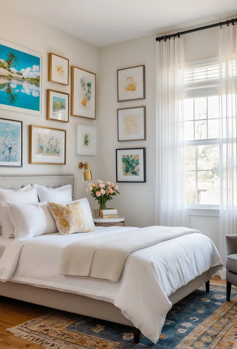 A guest bedroom with a cozy bed, several personal art pieces on the walls, natural light from a window, and a comfortable armchair.