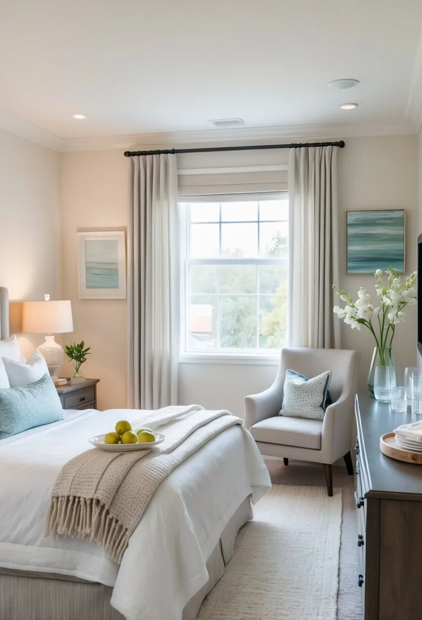 A well-lit guest bedroom with a made bed, bedside lamps, armchair with books, a tray with water and snacks, window with curtains, artwork on the wall, and a potted plant.
