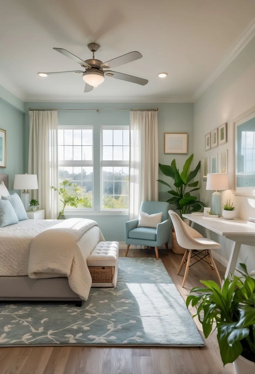 A well-lit guest bedroom with a bed, nightstand, armchair, desk, wall art, rug, and plants.
