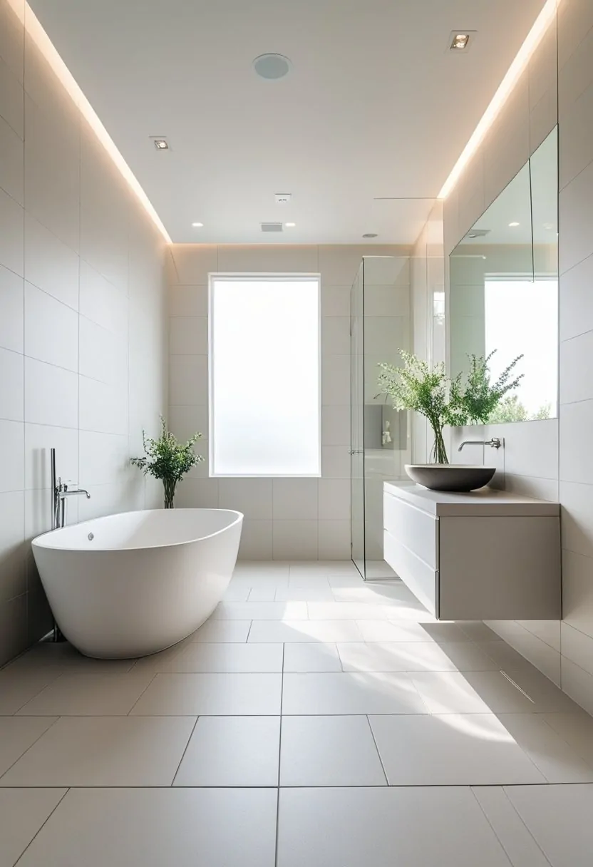 A modern bathroom with large rectangular floor tiles, a freestanding bathtub, a floating vanity, and natural light coming through a window.