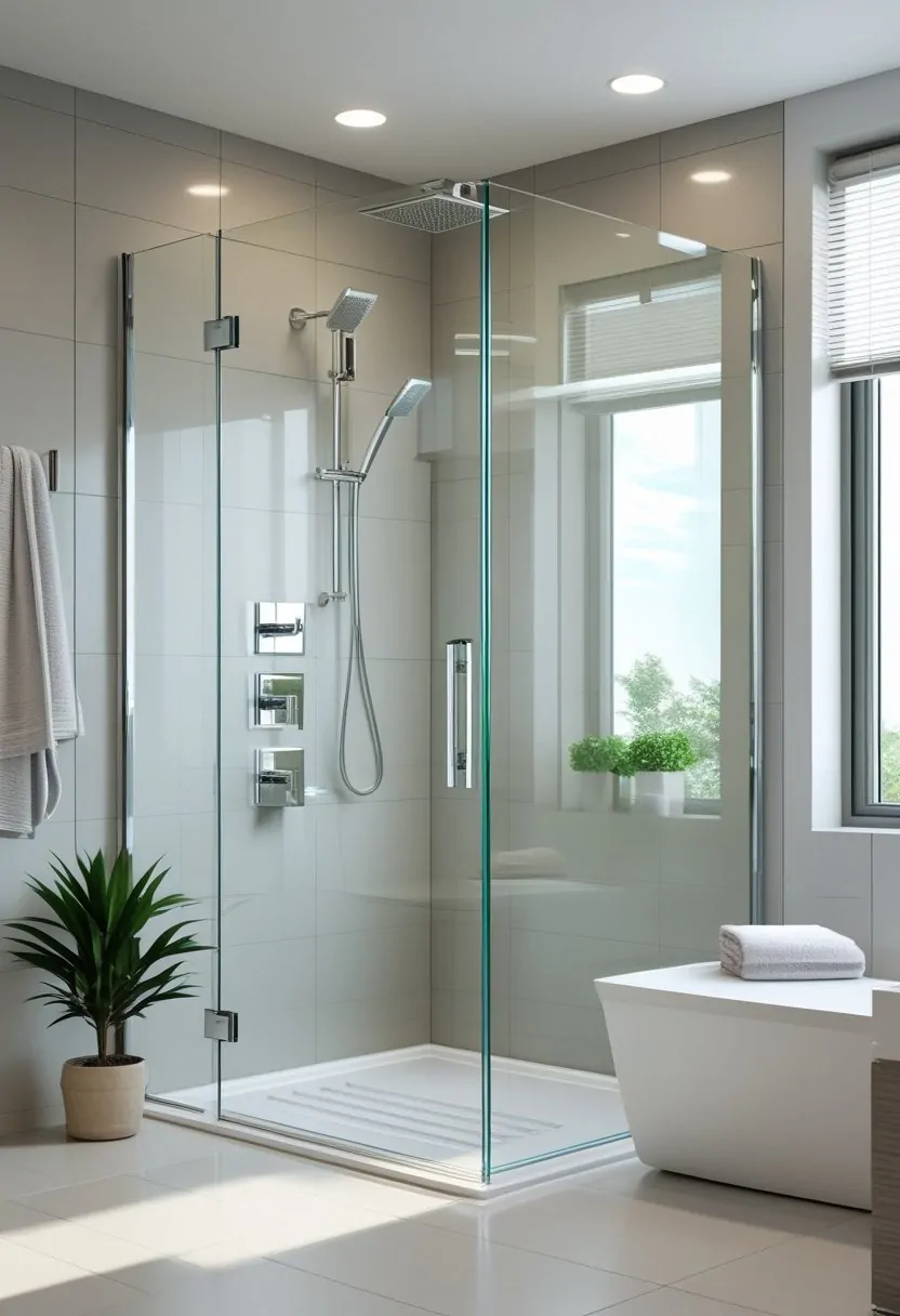 A modern bathroom with a clear frameless glass shower enclosure, tiled walls and floor, and contemporary fixtures.