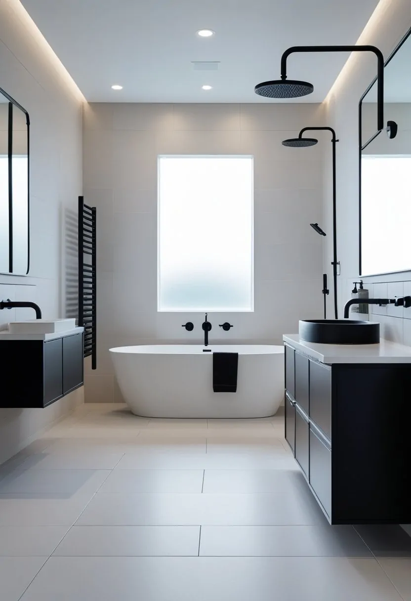 A bright bathroom with matte black faucets, showerhead, and towel racks, featuring a white bathtub, large mirror, and tiled walls.