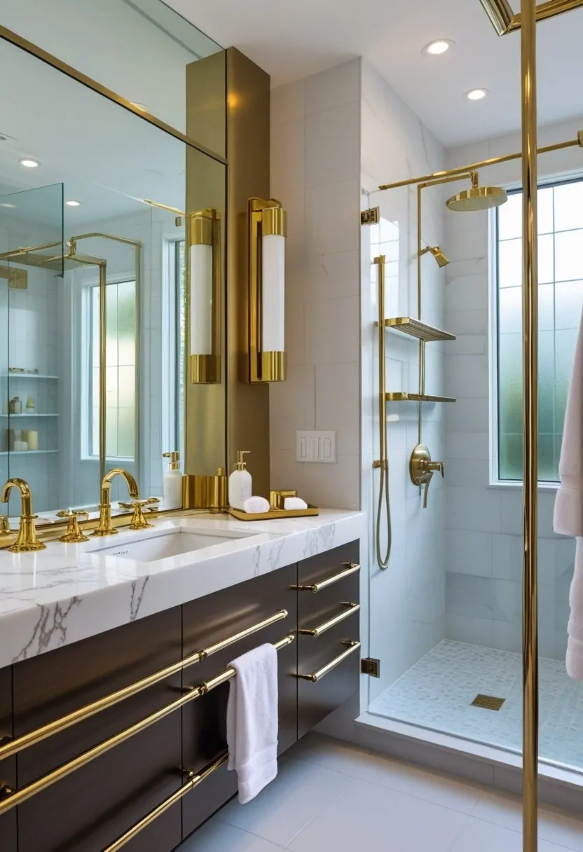 A modern bathroom featuring a vanity with brass and chrome fixtures, a large mirror, and a walk-in shower with mixed metal accents.